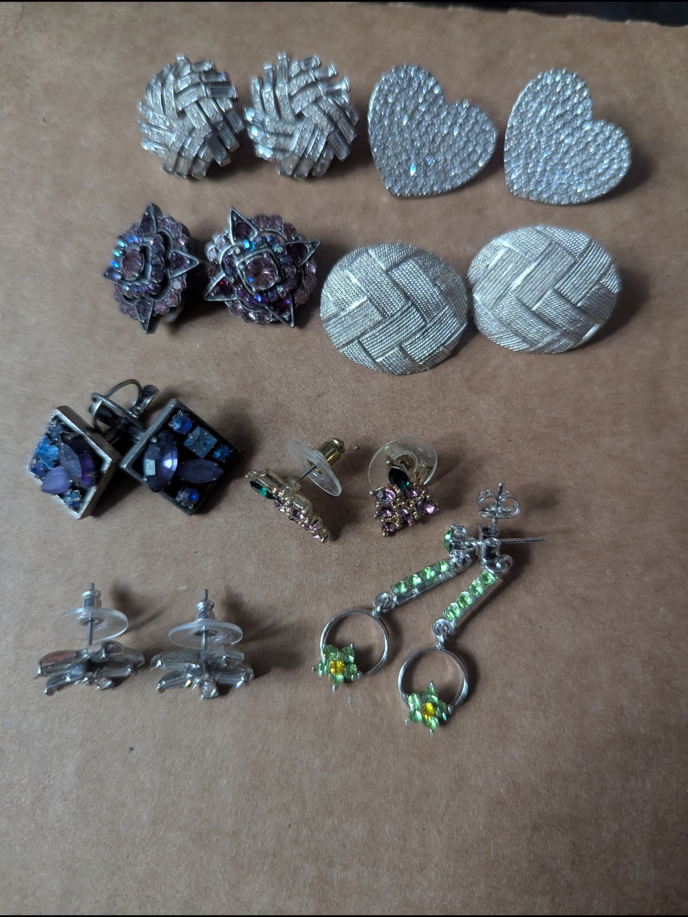 Used-Silver-Tone Multi-Stud Earring Set with Green Accent Dangles